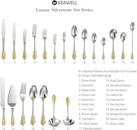 Image of Luxury 45 Pieces 18/10 Stainless Steel Flatware Set, Service for 8, Silver Plated with Gold Accents, Fine Silverware Set and Dishwasher Safe
