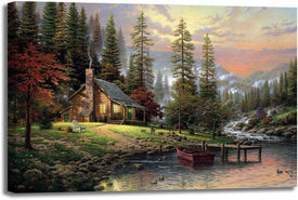 Landscape Oil Painting Kinkade Wall Art Country Pastoral Pictures in Frame with Lake Mountain Wall Decor Cityscape Canvas Poster for Living Room Bedroom Decor (24X36In Frame,Tms-1)