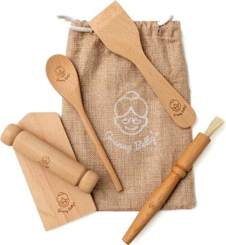 Image of Kids Cooking Utensils Set – 5-Pcs Kids Baking Set with Chopping Board, Spoon, Spatula, Rolling Pin, Brush – Eco-Friendly Birch Wood Toddler Kitchen Set – Child-Size Kitchen Utensil Set