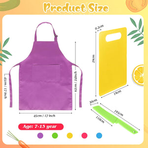 20 Pcs Kids Apron and Chef Hat Set Kids Plastic Knife Set with Cutting Board, 5 Toddler Apron 5 Chef Hat 5 Kid Safe Knives 5 Kids Chopping Board for Baking Cooking Club, Preschool Class