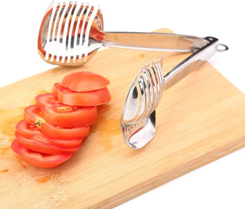 Tomato Lemon Slicer Holder round Fruits Onion Shreader Cutter Guide Tongs with Handle Kitchen Cutting Potato Lime Food Stand Stainless Steel