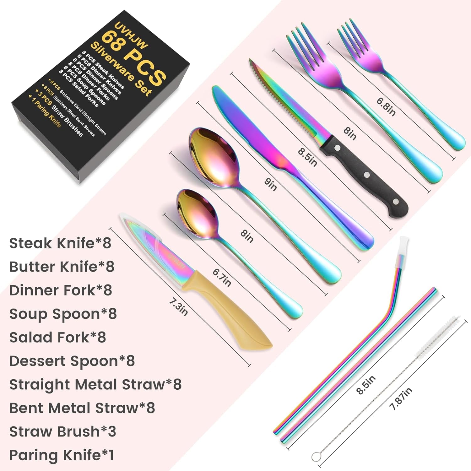 68-Piece Rainbow Silverware Set with Steak Knife for 8, Stainless Steel Flatware Cutlery Set,  Iridescent Dinnerware, Home Kitchen Spoons Forks Knives