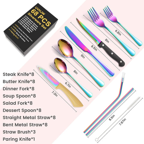 Image of 68-Piece Rainbow Silverware Set with Steak Knife for 8, Stainless Steel Flatware Cutlery Set,  Iridescent Dinnerware, Home Kitchen Spoons Forks Knives