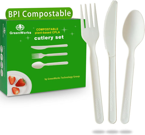 Image of 150 Count 7" Heavy-Duty Compostable Cutlery Set,50 Forks 50 Spoons 50 Knives,Bpi Certified, Large Disposable Utensils Silverware Flatware Set