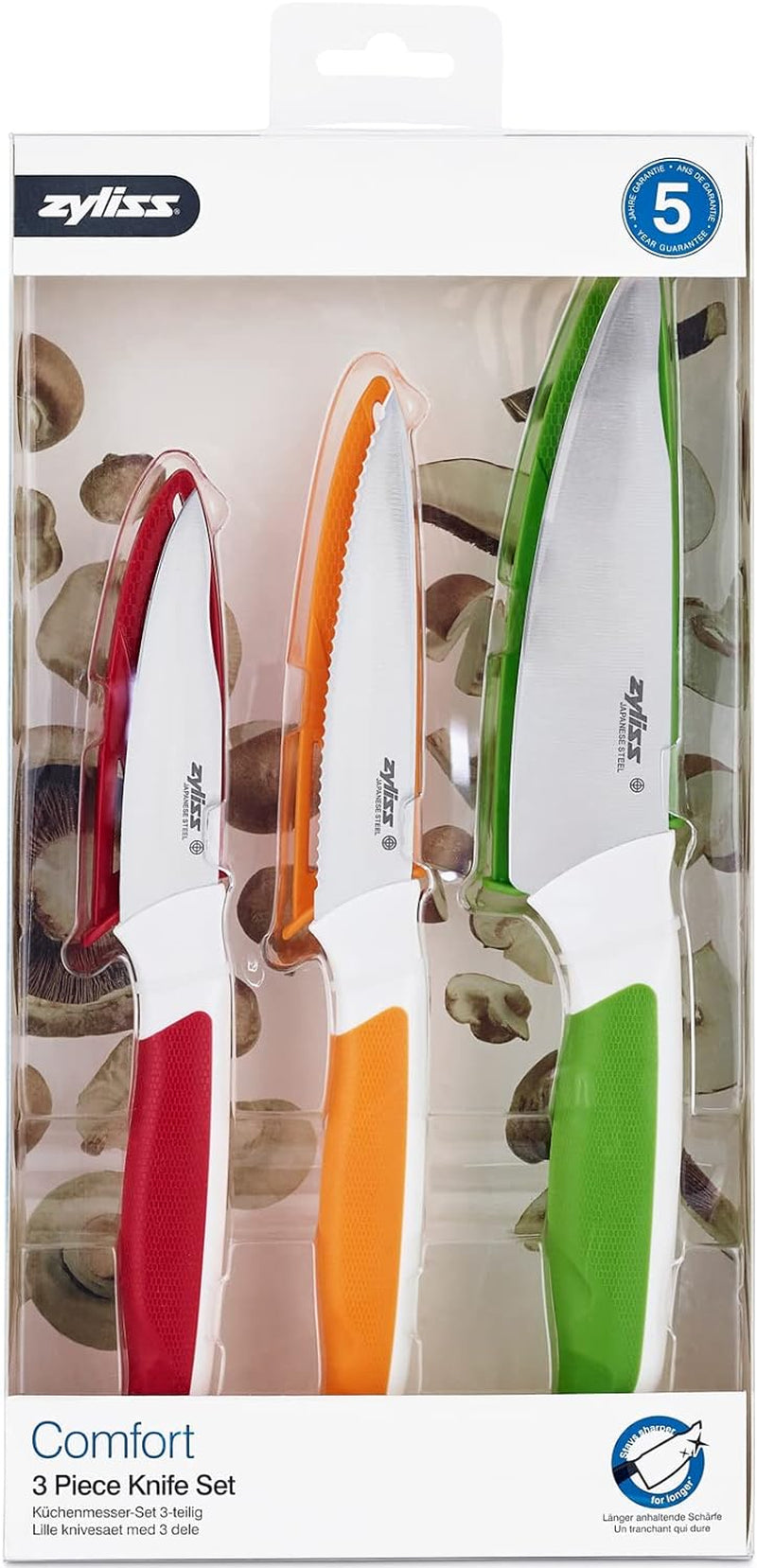E920240 Comfort 3 Piece Knife Set | Multiple Sizes | Japanese Stainless Steel | Multicolour | 3 X Kitchen Knives with Protection Covers | Dishwasher Safe | 5 Year Guarantee