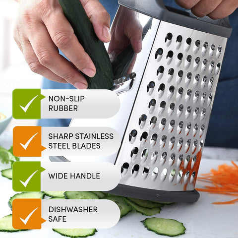 Image of Professional Cheese Grater - Stainless Steel, XL Size, 4 Sides - Perfect Box Grater for Parmesan Cheese, Vegetables, Ginger - Dishwasher Safe - Black