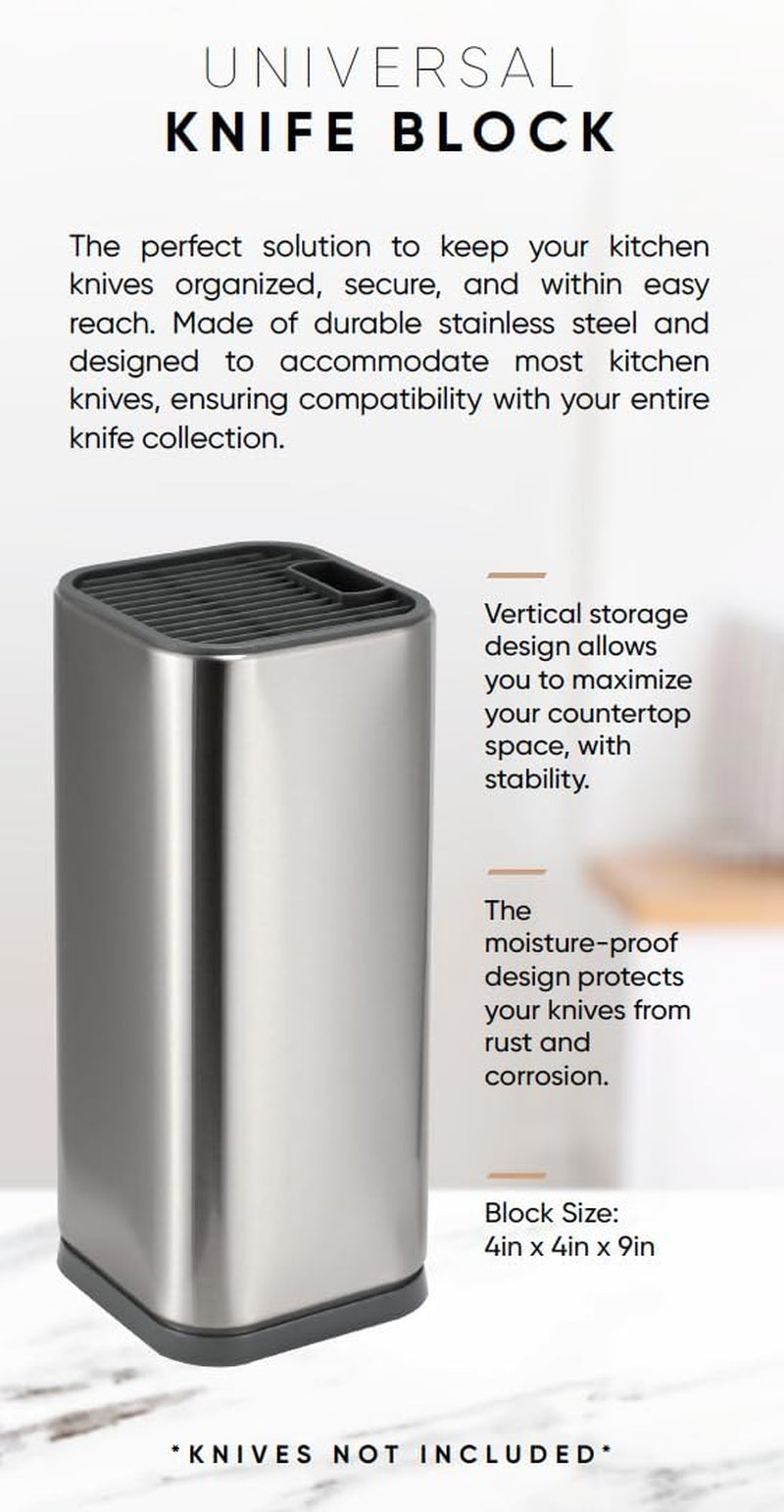 Universal Knife Block Holder, Stainless Steel Organizer with Scissor Slots, Space-Saving Countertop Storage Stand for Any Knife up to 8.10 Inches, (Knives Not in Included) (Silver)