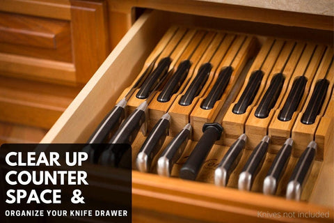 Image of In-Drawer Bamboo Knife Block Holds 16 Knives (Not Included) without Pointing up plus a Slot for Your Knife Sharpener!  Knife Organizer Made from Quality Moso Bamboo