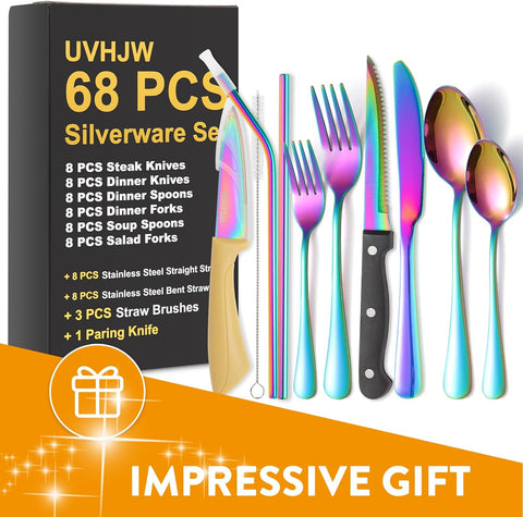 Image of 68-Piece Rainbow Silverware Set with Steak Knife for 8, Stainless Steel Flatware Cutlery Set,  Iridescent Dinnerware, Home Kitchen Spoons Forks Knives