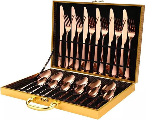 Image of Rose Gold Flatware Set, Silverware 24-Pieces Gold Stainless Steel Flatware/Silverware for Wedding Festival Christmas Party, Service for 6