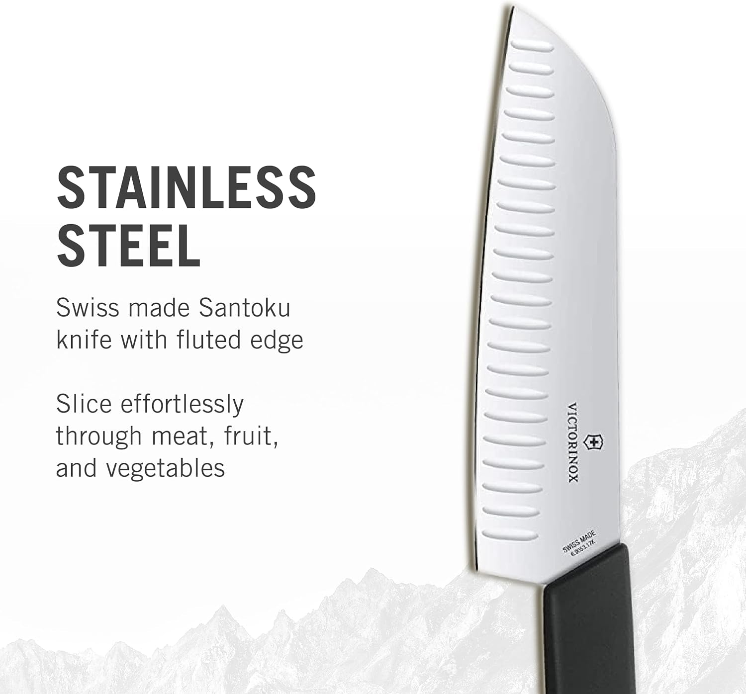 6.9053.17KB Swiss Modern Santoku Knife for General-Purpose Slicing, Dicing, Mincing, and Everything in between Fluted Edge Blade in Black, 6.7 Inches