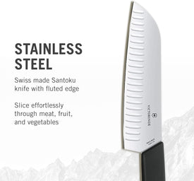 6.9053.17KB Swiss Modern Santoku Knife for General-Purpose Slicing, Dicing, Mincing, and Everything in between Fluted Edge Blade in Black, 6.7 Inches