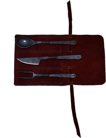 Image of Hand-Forged Blacksmith Medieval Dining Hall Eating/Feasting Utensils Set of 3 Piece Functional Fork Knife and Spoon Medieval Eating Set, with Genuine Leather Pouch for Easy Carrying.