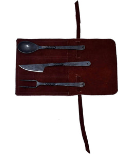 Hand-Forged Blacksmith Medieval Dining Hall Eating/Feasting Utensils Set of 3 Piece Functional Fork Knife and Spoon Medieval Eating Set, with Genuine Leather Pouch for Easy Carrying.