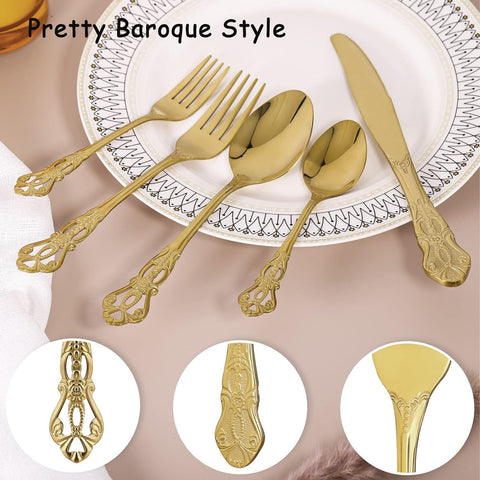 Image of Gold Silverware Set for 4, Stainless Steel Gorgeous Retro Royal Flatware Set, 20-Pieces Cutlery Tableware Set, Kitchen Utensils Set Include Spoons and Forks Set, Mirror Finish, Dishwasher Safe