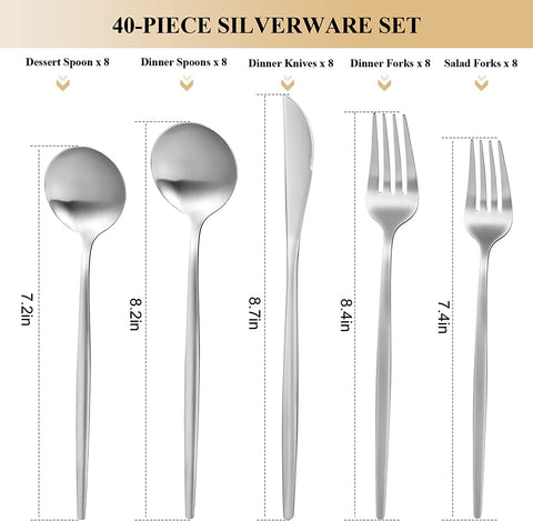 Image of Silverware Set for 8,  40 Pieces Stainless Steel Flatware Set, Matte Cutlery Tableware Set, Kitchen Utensils Set Include Spoons and Forks Set, Satin Polished, Dishwasher Safe