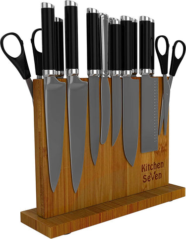 Image of Knife Block Magnetic Knife Holder with 18 Powerful Magnetic Boards, 100% Pure Bamboo Large Capacity Knife Organizer Block, Double Side Strongly Magnetic  Utensil Display (Stand)