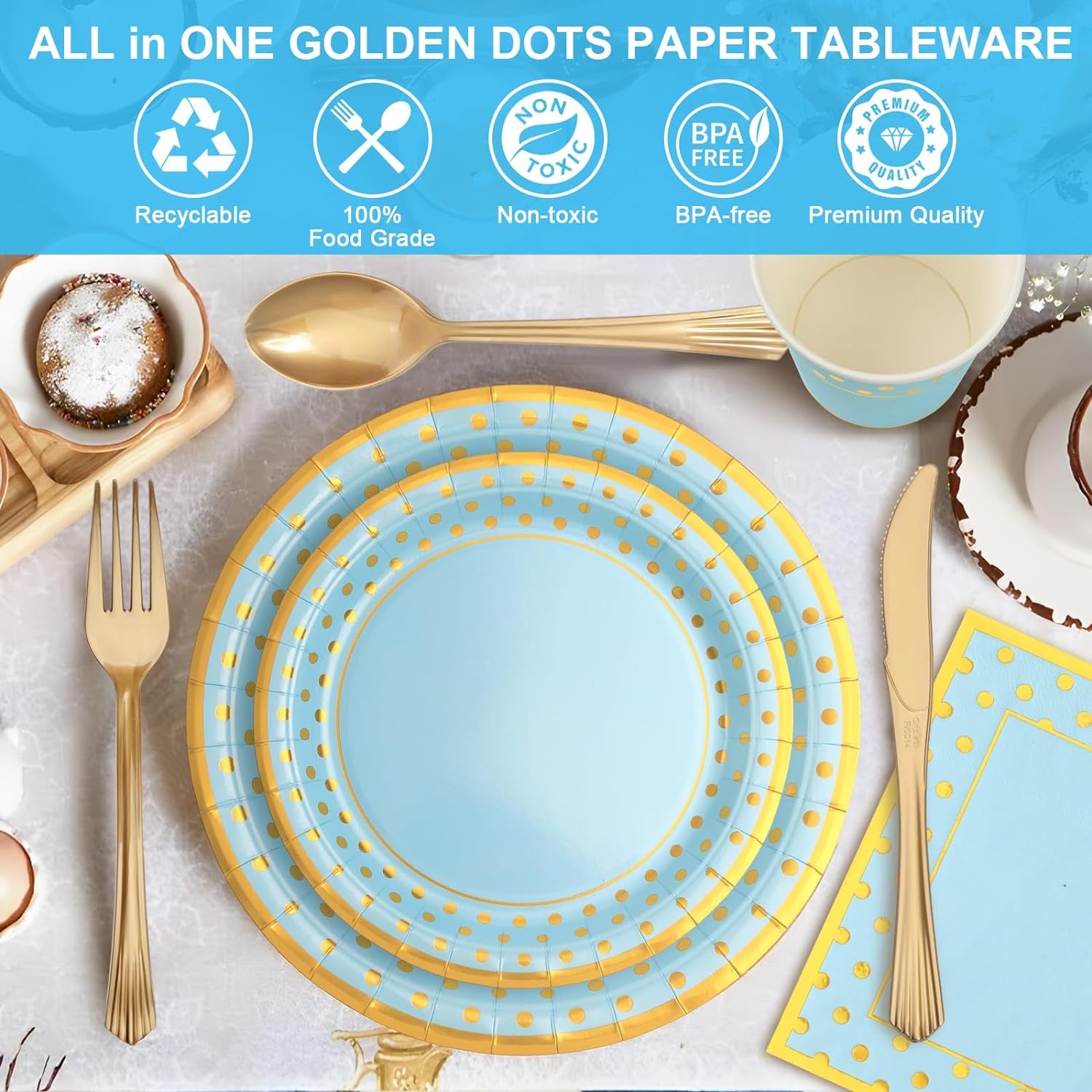 Blue Gold Paper Party Supplies,350Pcs Golden Dot Paper Tableware Serve 50,Include Paper Plates,Napkins,Cups,Forks,Knives,Spoons,For Baby Shower,Boys Birthday,Anniversary