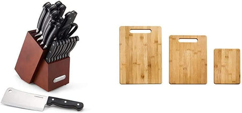 Image of Edgekeeper 21-Piece Forged Triple Riveted Block Set with Built-In Knife Sharpener, Cherry & 3-Piece Bamboo Cutting Board, Set of 3 Assorted Sizes, Brown