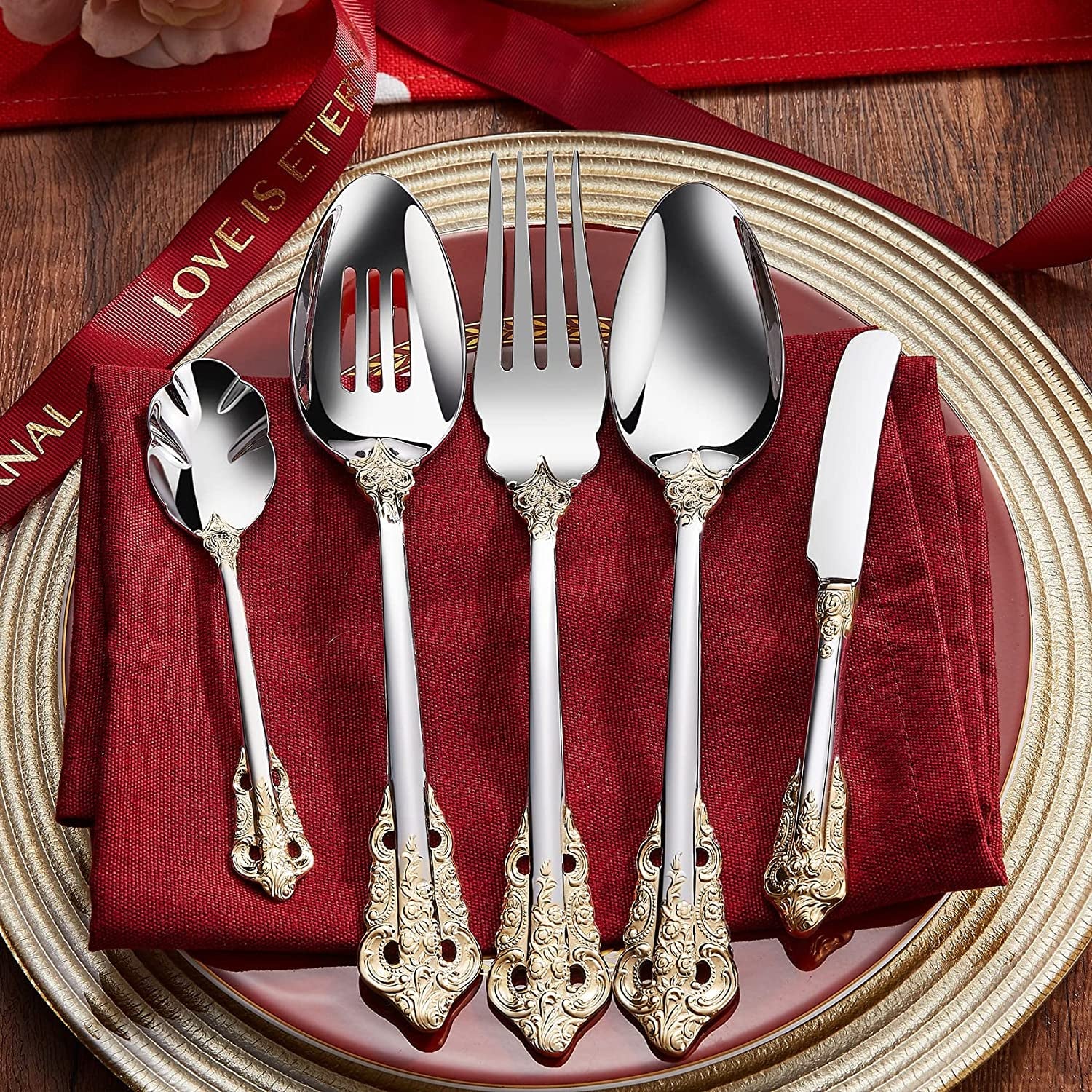 Luxury 45 Pieces 18/10 Stainless Steel Flatware Set, Service for 8, Silver Plated with Gold Accents, Fine Silverware Set and Dishwasher Safe
