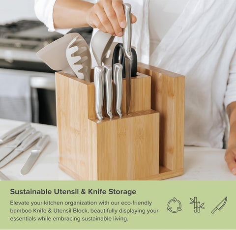 Bamboo Magnetic Knife Block and Cooking Utensil Holder, Sleek Storage for Chefs Knives, Steak Knives, Spatulas, Scissors, Non-Slip Rubber Feet, Easy to Clean, Kitchen Countertop Organizer