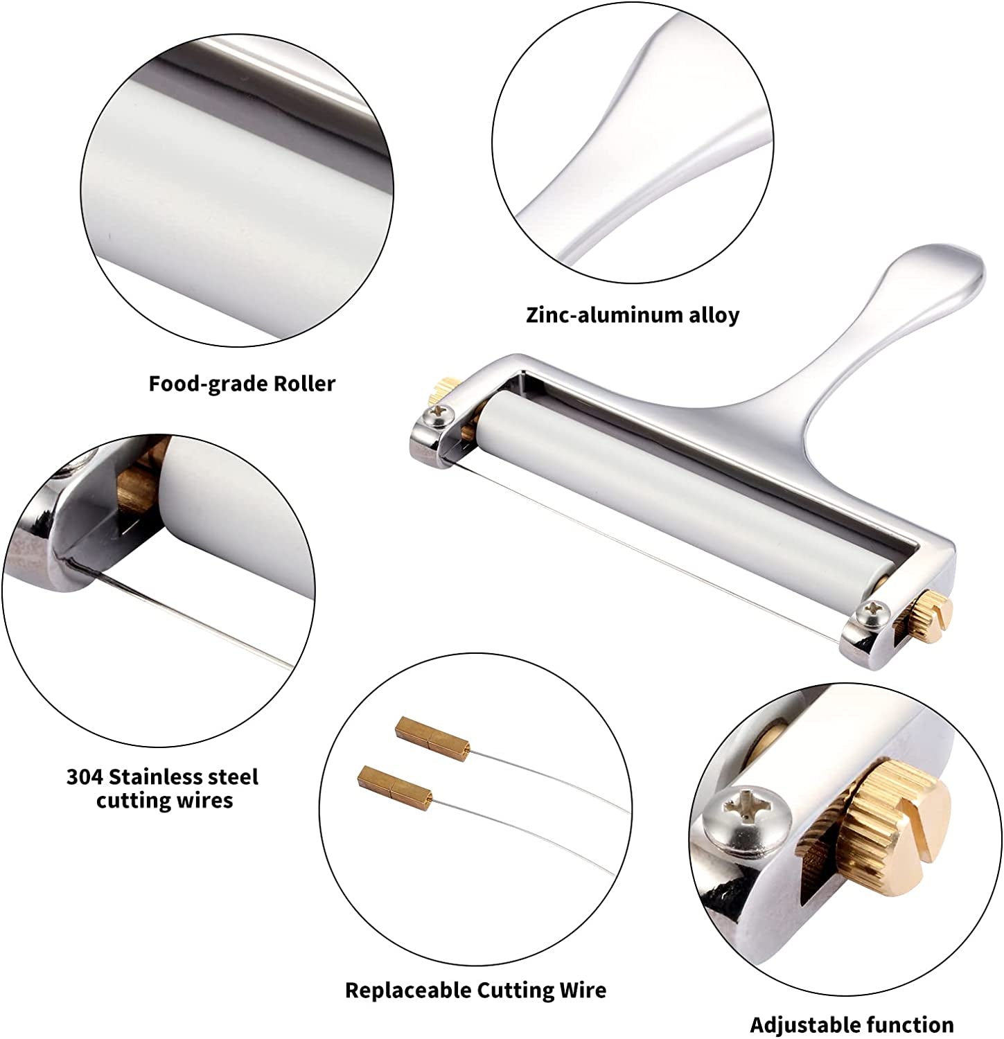 2 Pack Cheese Slicers with 2 Extra 304 Stainless Steel Cutting Wires, Wire Cheese Slicer with Adjustable Thickness for Mozzarella Cheese, Cheddar Cheese, Gouda Cheese (Silver)