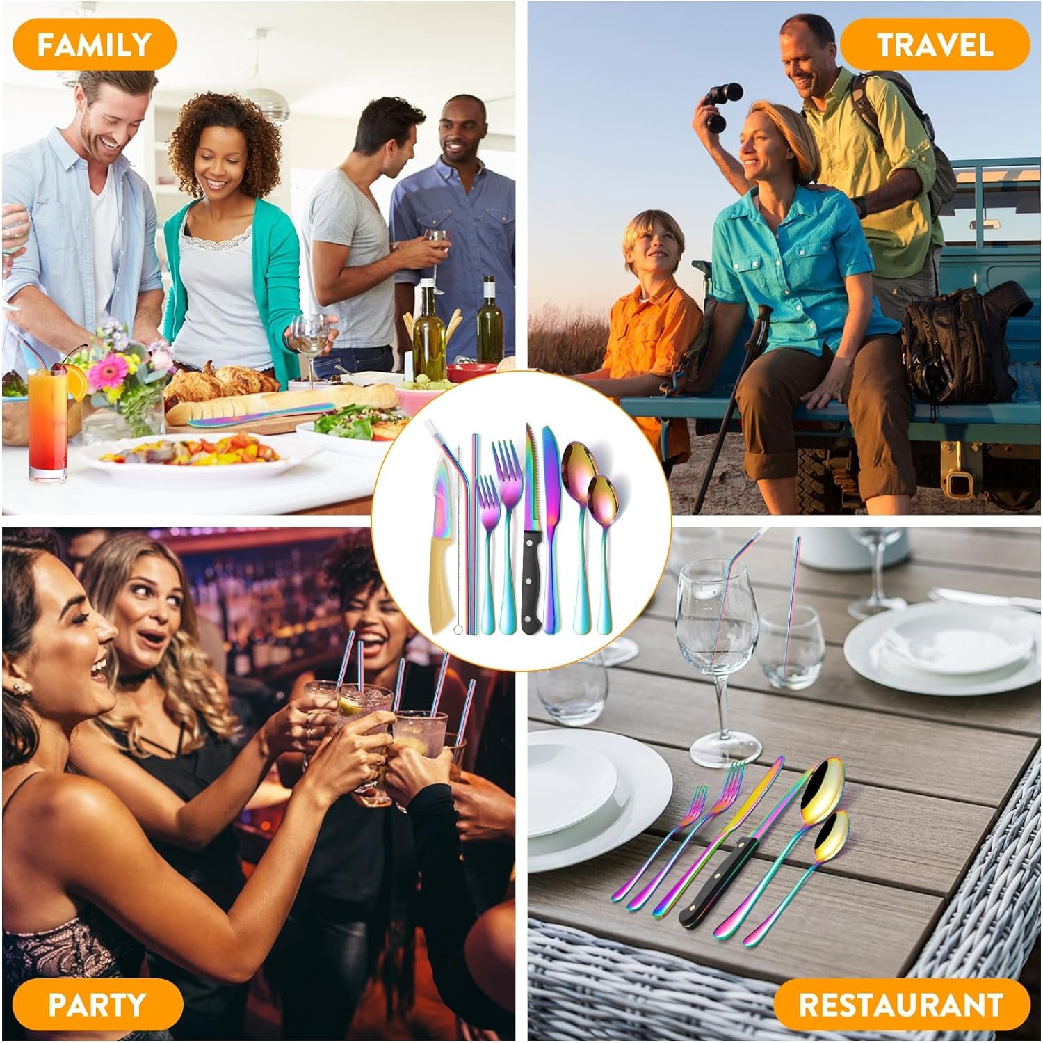 68-Piece Rainbow Silverware Set with Steak Knife for 8, Stainless Steel Flatware Cutlery Set,  Iridescent Dinnerware, Home Kitchen Spoons Forks Knives