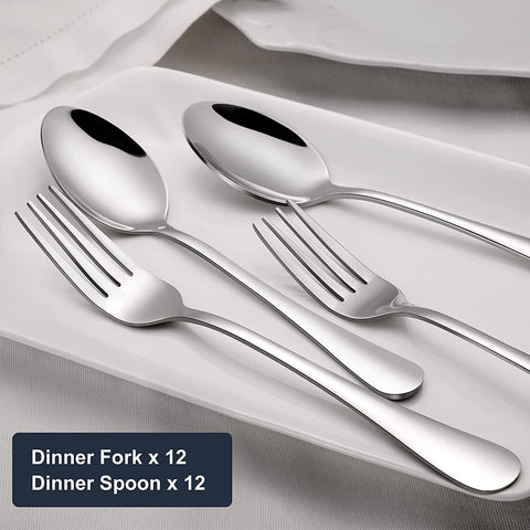 Image of 24-Piece Forks and Spoons Silverware Set, Food Grade Stainless Steel Flatware Cutlery Set for Home, Kitchen and Restaurant, Mirror Polished, Dishwasher Safe