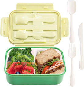 Bento Box for Kids and Adults, Lunch Box 37Oz Food Storage Container with Fork & Spoon, Knife, BPA Free, Microwave, Dishwasher Freezer Safe (Green)