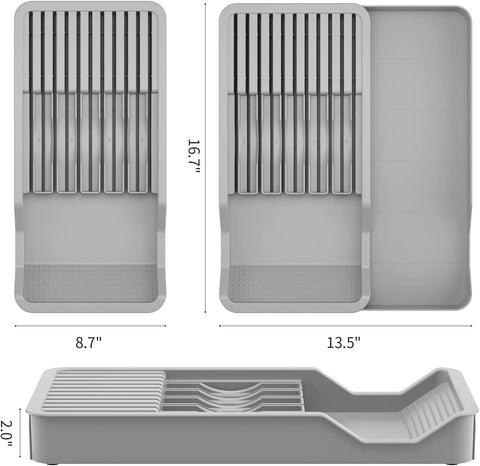 Image of In-Drawer Knife Block,Kitchen Knife Drawer Organizer,2 Tier Knife Holder Holds 11 Knives with Expandable Organizer Storage Tray (Gray)