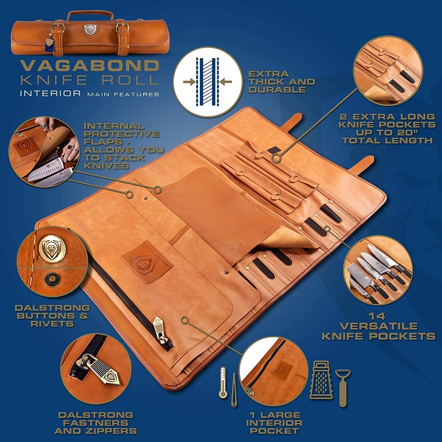 - Large Chef Knife Roll Bag - Brazilian Leather - California Brown - Vagabond Series - 16 Slots - Interior and Rear Zippered Pockets - Blade Travel Storage/Case