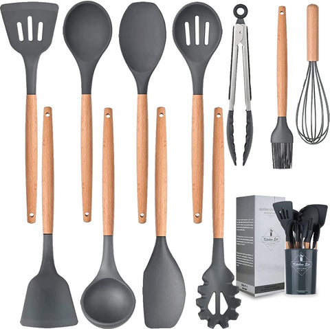 Image of Silicone Cooking Utensils Kitchen Utensil Set, 12 PCS Wooden Handle Nontoxic BPA Free Silicone Spoon Spatula Turner Tongs Kitchen Gadgets Utensil Set for Nonstick Cookware with Holder