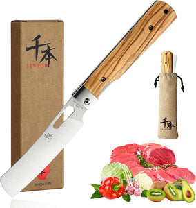 440A Stainless Steel Ultra Sharp Pocket Folding Chef Knife Peeling Utility Knife Fruit Knife Natural Olive Handle Camping BBQ Trip Outdoor Portable Kitchen Knife