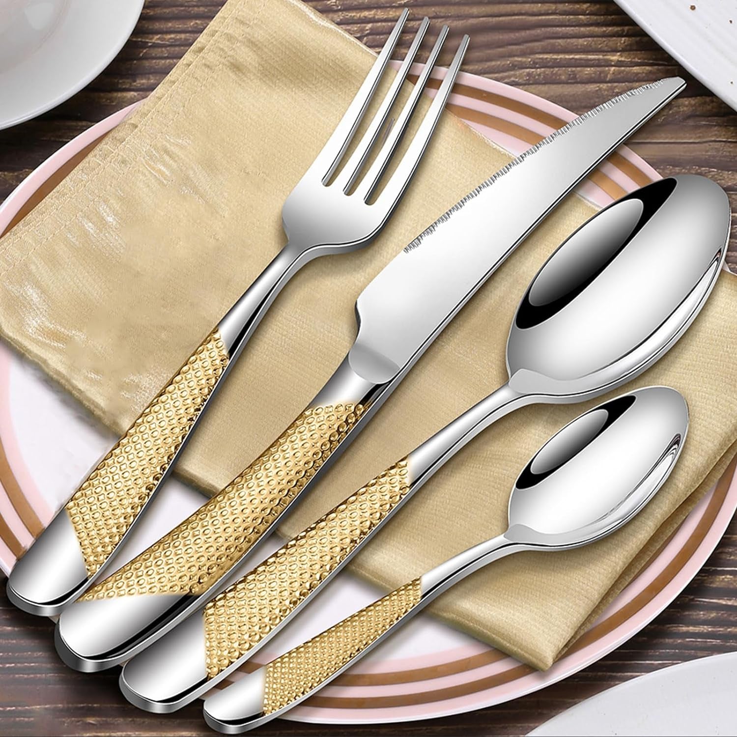 Golden Michelangelo Silverware Set for 6, Elegant 18/10 Stainless Steel Flatware Set, Heavy Cutlery Sets for 6 People, Dishwasher Safe Luxury (24Pcs, Golden) Christmas