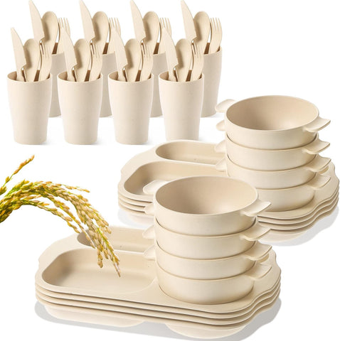 Image of 48 Pcs Wheat Straw Tableware Set for 8 Wheat Dinnerware Cutlery Include 8 Divided Dinner Plate 24 Spoon Knife Fork 8 Cup 8 Bowl Reusable Unbreakable Dishwasher for Kids Adult (Beige)