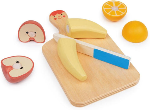 Image of Pretend Food Chopping Board - Wooden Play Food Set for Imaginative Kitchen Play Complete with Smiling Chopping Board, Colorful Fruits, and Child-Safe Knife - Age 24M and Up