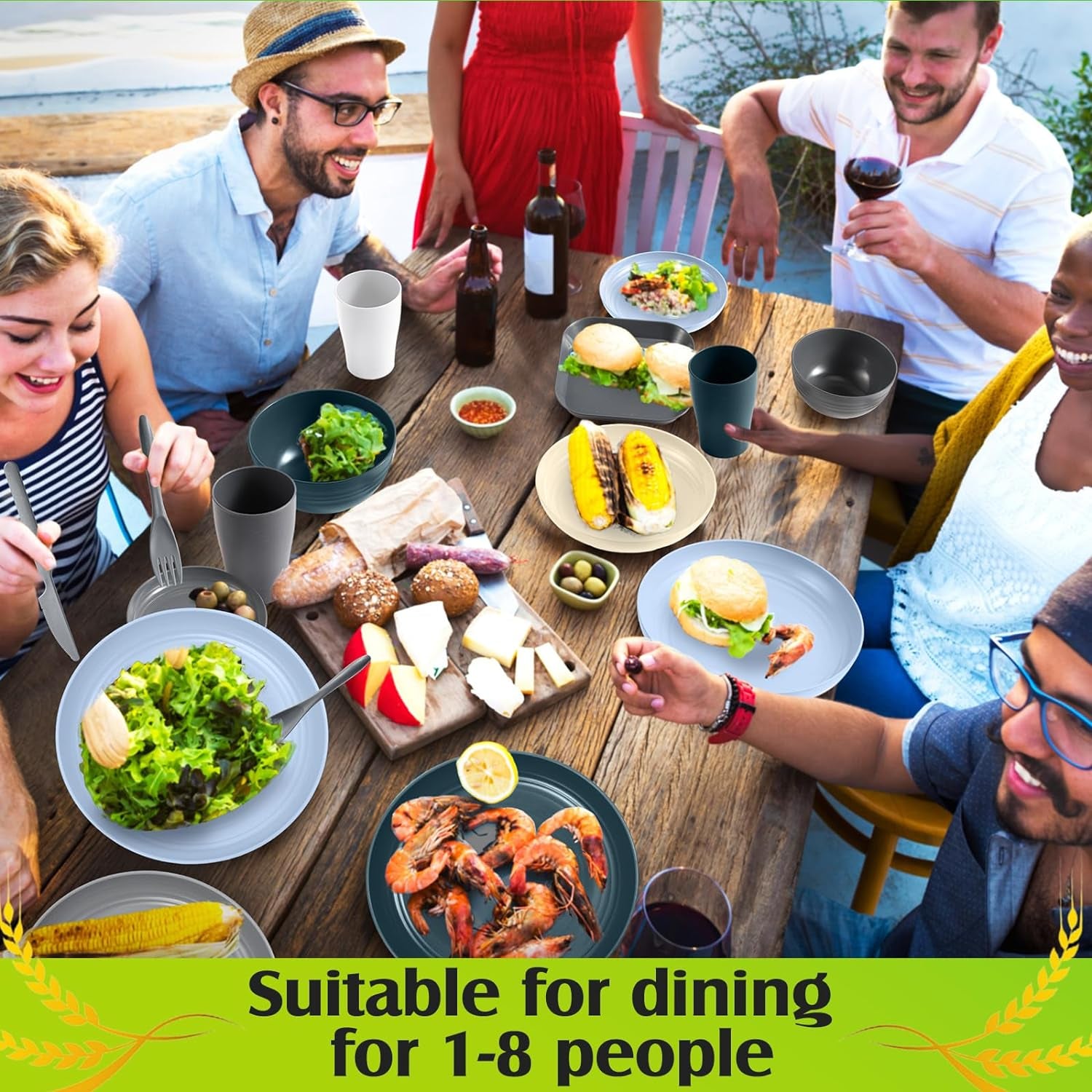 64 Pcs Wheat Straw Dinnerware Sets Unbreakable Plastic Plates Lightweight Bowls Dishes Cups Knives Forks Spoons Cutlery Dishwasher Microwave Safe for Camping Picnic Kid Adult (Classic Colors)