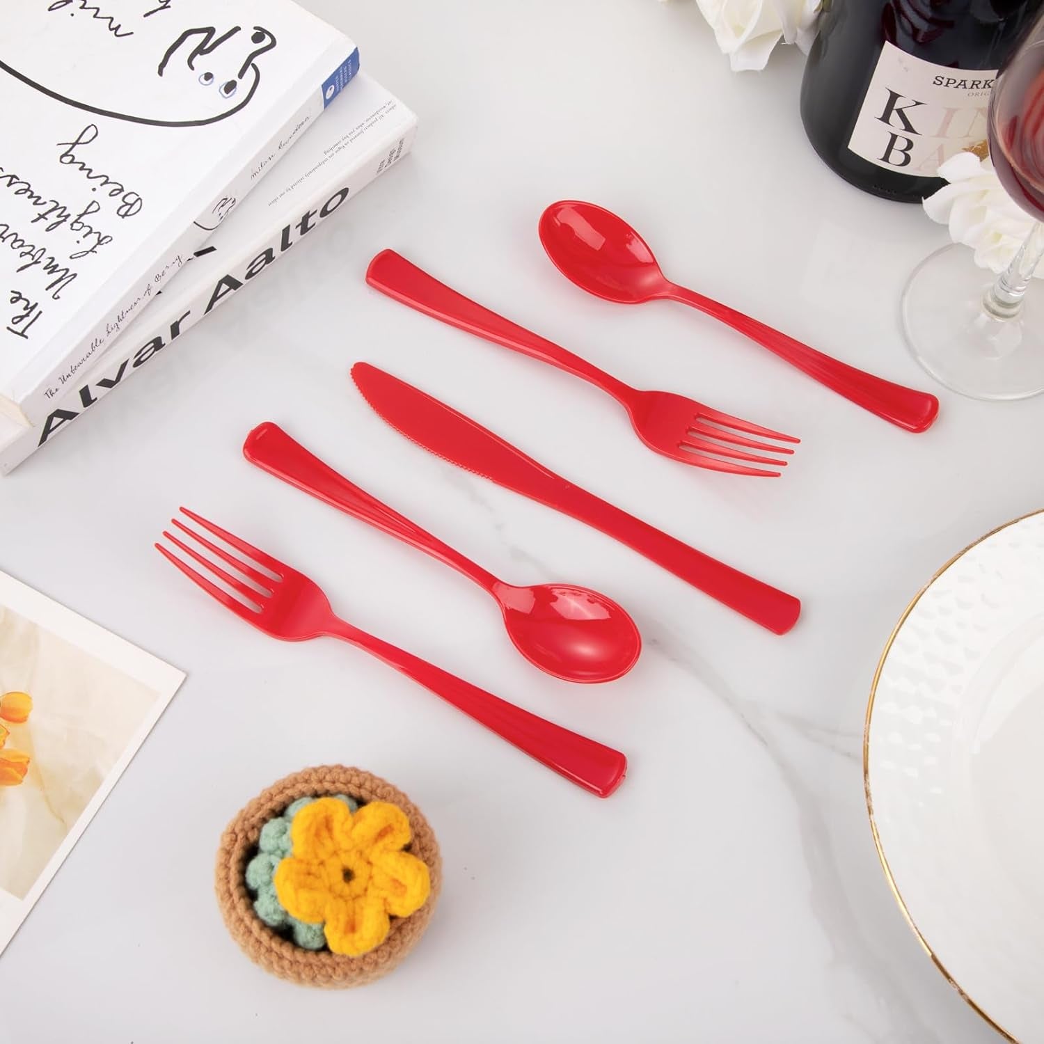 160 Piece Red Plastic Silverware - Heavy Duty Red Silverware Includes 80 Red Forks, 40 Red Spoons, 40 Red Knives, Red Plastic Utensils Perfect for Christmas Party or Daily Using