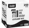 Deluxe Cutlery Kit White 250 Sets - Each Set Includes Heavy Duty Fork and Knife plus Medium Weight Soup Spoon, Tea Spoon and Napkin