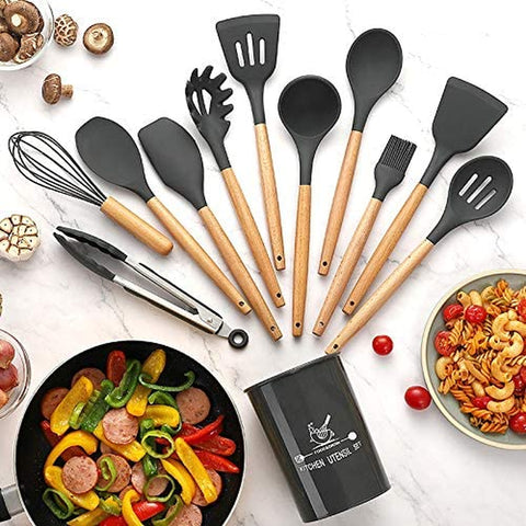 Image of Silicone Cooking Utensils Kitchen Utensil Set, 12 PCS Wooden Handle Nontoxic BPA Free Silicone Spoon Spatula Turner Tongs Kitchen Gadgets Utensil Set for Nonstick Cookware with Holder