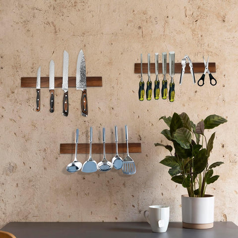 Image of Magnetic Knife Holder for Kitchen - Premium 16-Inch Wooden Magnetic Knife Strip for Wall | Wall Mount Knife Rack | Knives, Utensils & Tools Organizer - Easy to Install