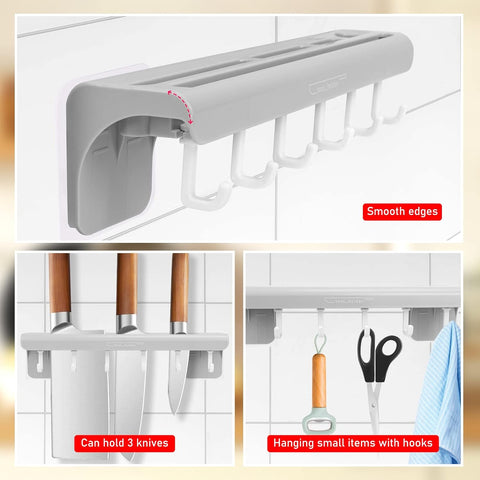 Image of Knife Storage Rack Block, Wall Mount Fruit Knife Holder with 6 Hooks for Home Kitchen Multi-Functional Punch-Free Knife Holder for Knife Spatulas Scraper Scissors