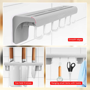 Knife Storage Rack Block, Wall Mount Fruit Knife Holder with 6 Hooks for Home Kitchen Multi-Functional Punch-Free Knife Holder for Knife Spatulas Scraper Scissors