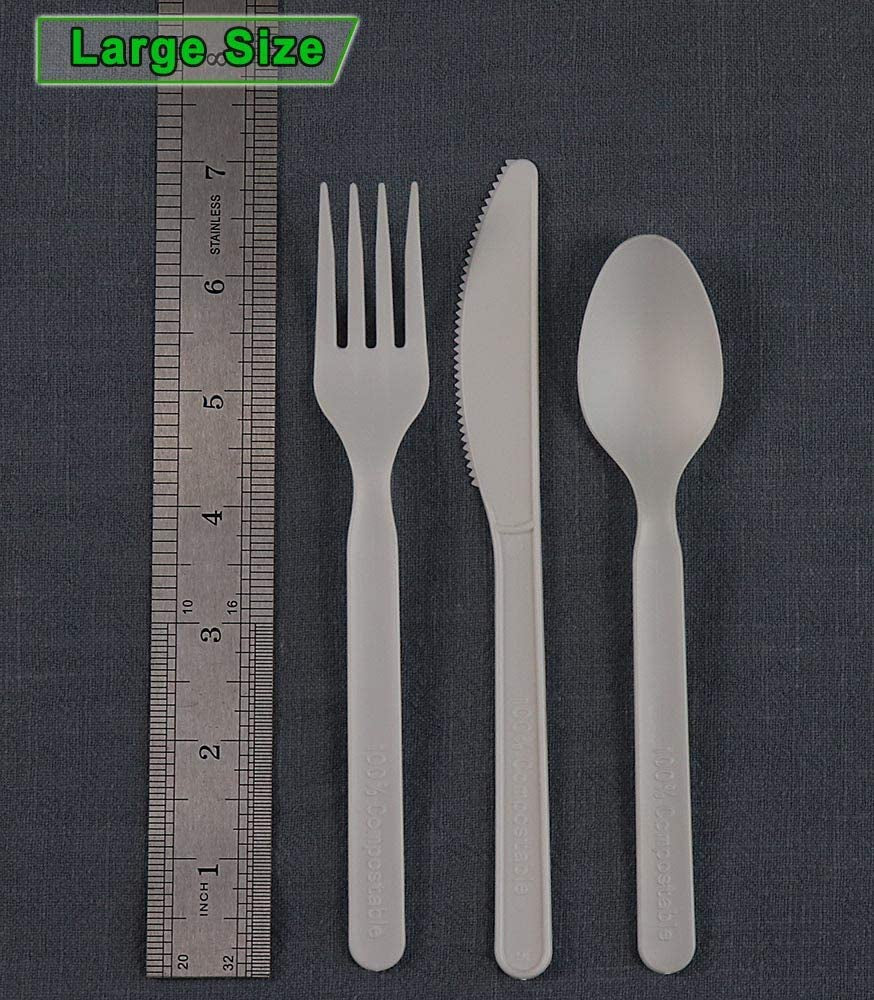 300 Count 7" Heavy-Duty Compostable Cutlery Set,100 Forks 100 Spoons 100 Knives,Bpi Certified Large T Disposable Bio-Based Cutlery