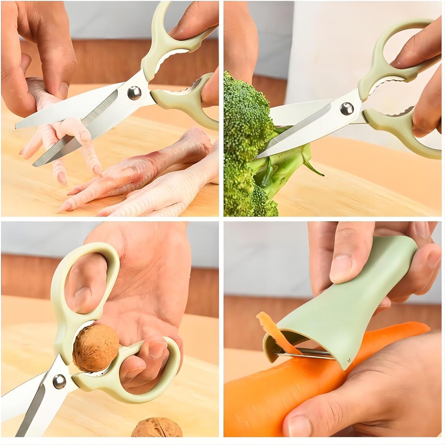 2Pcs Kitchen Scissors and Peeler Set, 3 in 1 Standable Stainless Steel Household Scissors Food Scissors Kitchen Scissors and Melon Planer (1*Green+1*Pink)