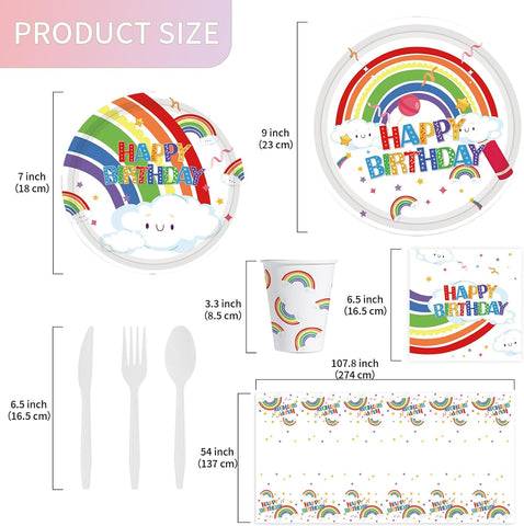 Image of Rainbow Birthday Party Decoration Supplies: 176PCS Rainbow Paper Plates Set(25 Guest) with Rainbow Plates Napkins Cups Tablecloth Plastic Forks Knives Spoon for Rainbow Theme Birthday Party for Kids