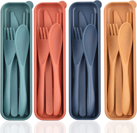 Image of Reusable Utensils Set with Case, 4 Sets Wheat Straw Travel Cutlery Set, Portable Spoon Knife Fork Chopsticks Lunch Box Utensil Set for Kids Adults