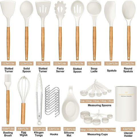 Image of Kitchen Utensils Set, 33 Pcs Non-Stick Silicone Cooking Utensils Set, Heat-Resistant Silicone, Wooden Utensils for Cooking, Kitchen Gadgets Spatula Set, Apartment Essentials Kitchen Set (White)