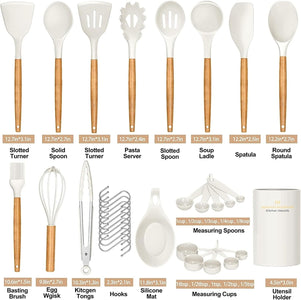 Kitchen Utensils Set, 33 Pcs Non-Stick Silicone Cooking Utensils Set, Heat-Resistant Silicone, Wooden Utensils for Cooking, Kitchen Gadgets Spatula Set, Apartment Essentials Kitchen Set (White)