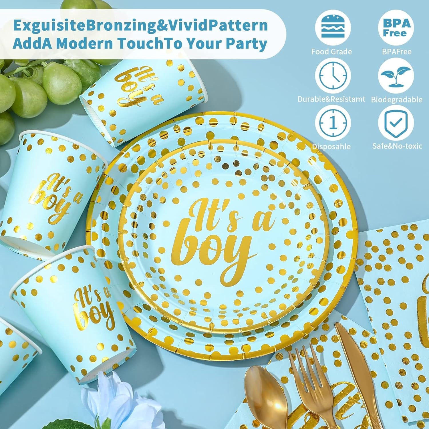 350 Pcs Baby Shower Party Supplies Golden Dot Blue Disposable Dinnerware Set for 50 Guests Boys Paper Plates Cups Napkins and Gold Plastic Forks Knives Spoons for Baby Boy Shower Party